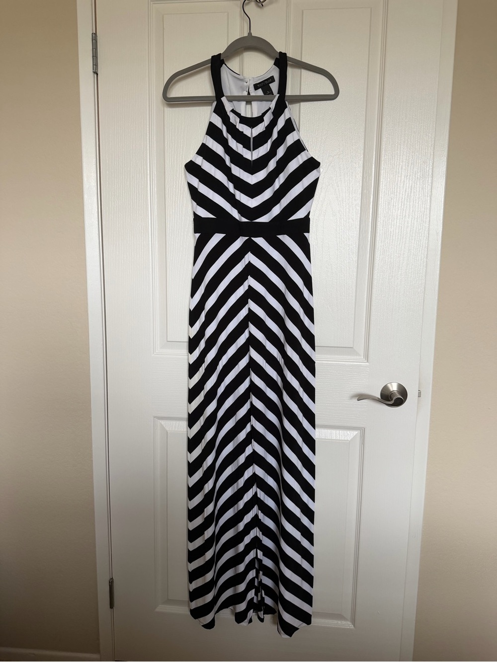 White House Black Market Black and White Chevron Halter Maxi Dress